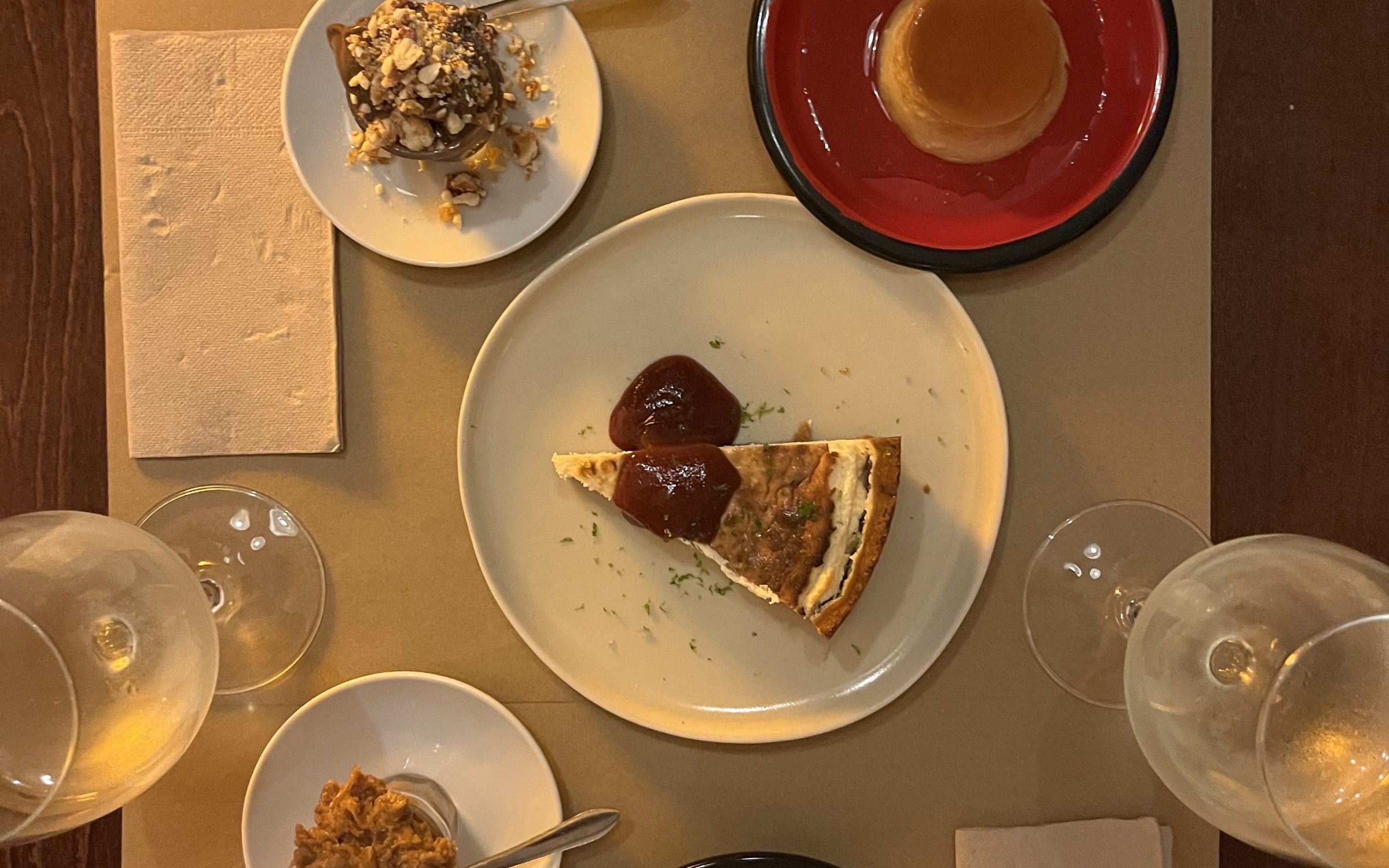 Brazilian desserts shared at a candle-lit table